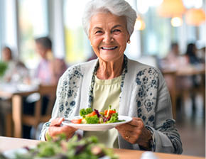 Portrait of a senior woman in a retirement home happily enjoying a healthy lunch. Presentation of a healthy lifestyle of well-being and contentment even at an age
