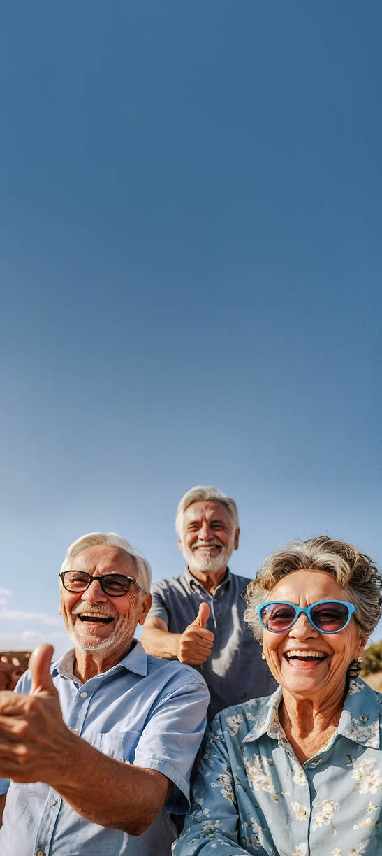 Three people are standing together, smiling and giving thumbs up. AI generated content